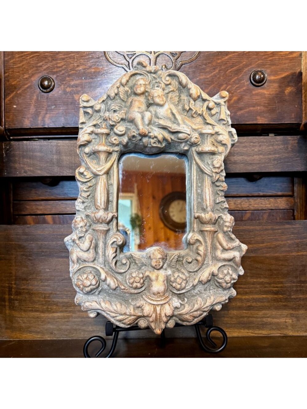Vintage Cherub Ornate Heavy Cement Wall Hanging Victorian Mirror Ready To Hang